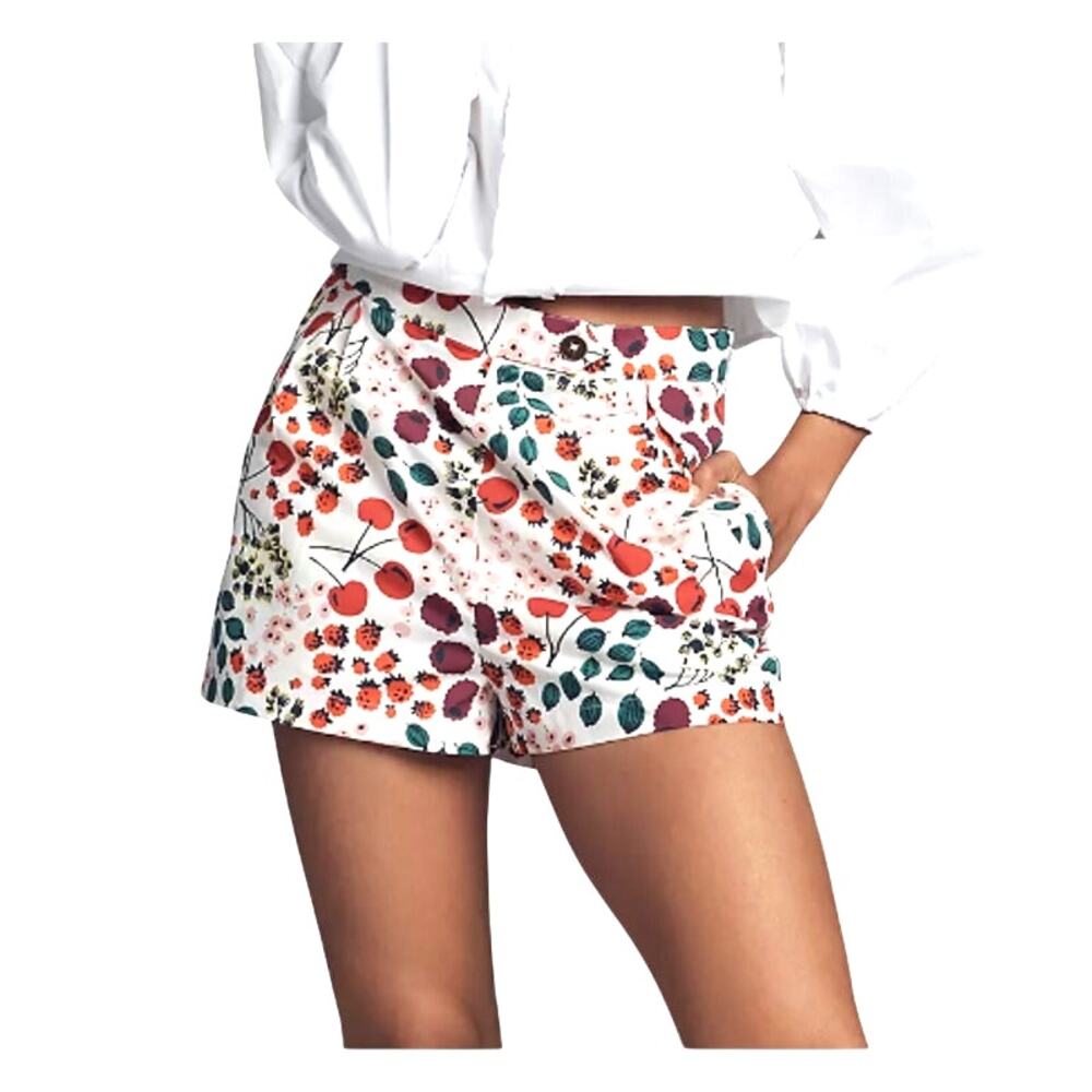 Anthropologie Maeve White Fruit Print Multicolor 100% Cotton Pleat Poplin Shorts